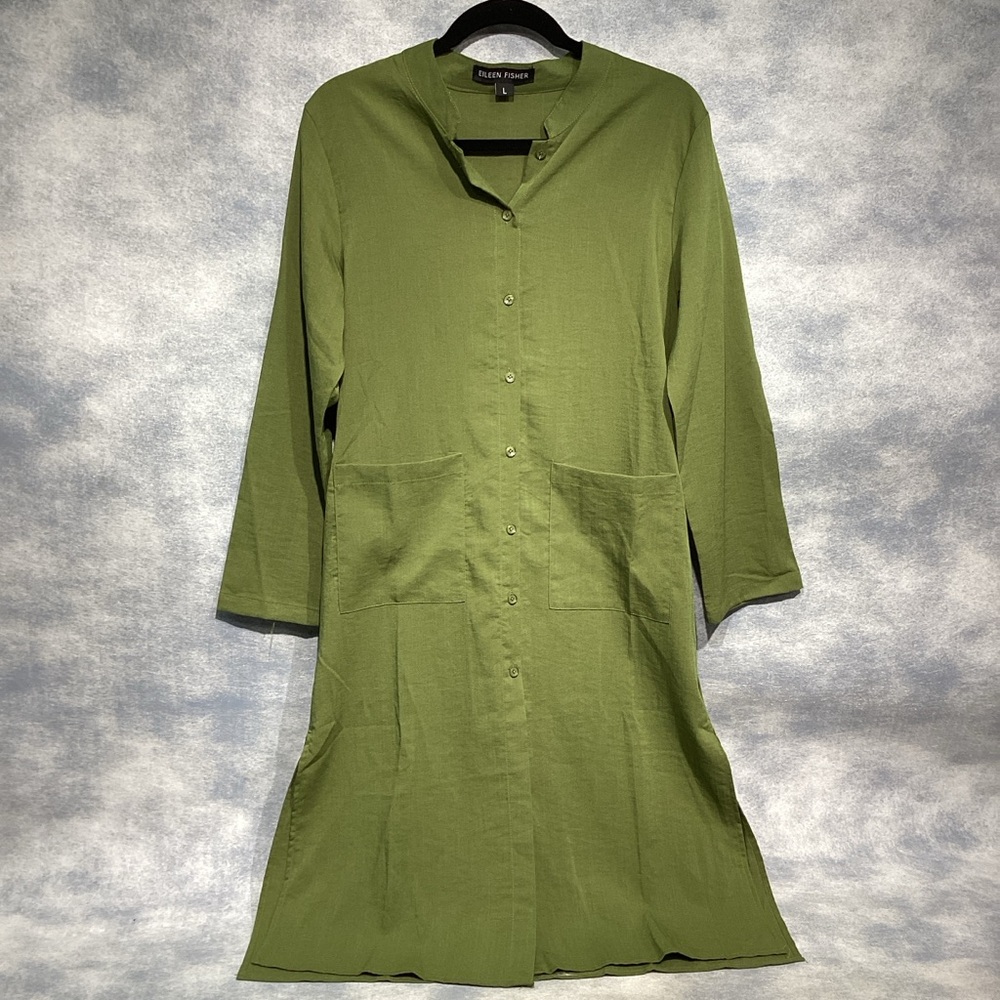 Eileen Fisher Green Relaxed Fit Button-Up Tunic Midi Dress Women's Size L NWOT